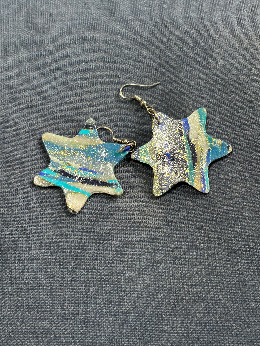 Large Star of David Earrings with Blue and Gold Stripes
