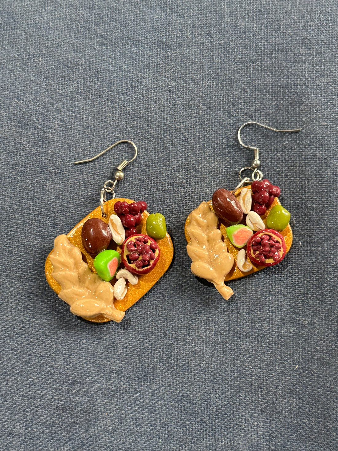 Tu Bishvat Fruit Platter Earrings with Pomegranate, Grapes, Date & Leaves