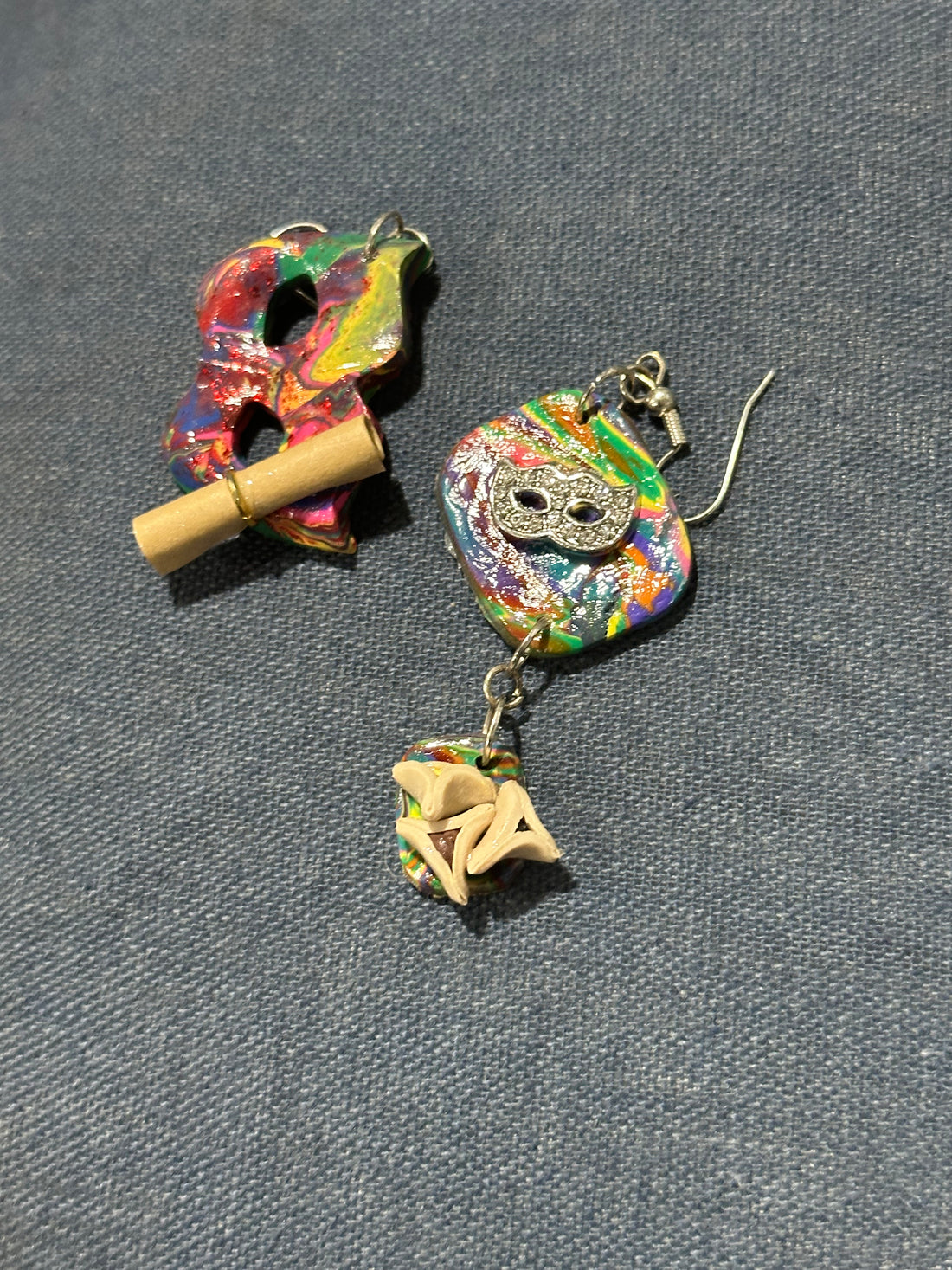 Handmade Purim Mask, Megillah &amp; Hamantaschen Earrings