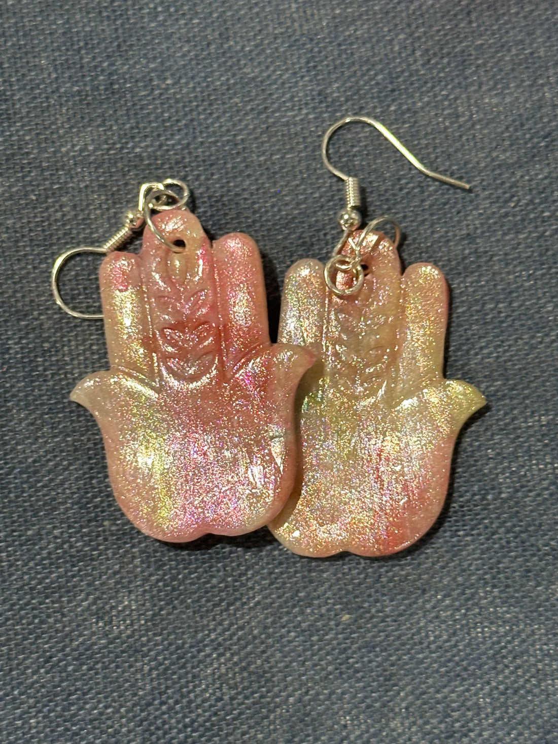 Handmade Iridescent Pink Hamsa Earrings