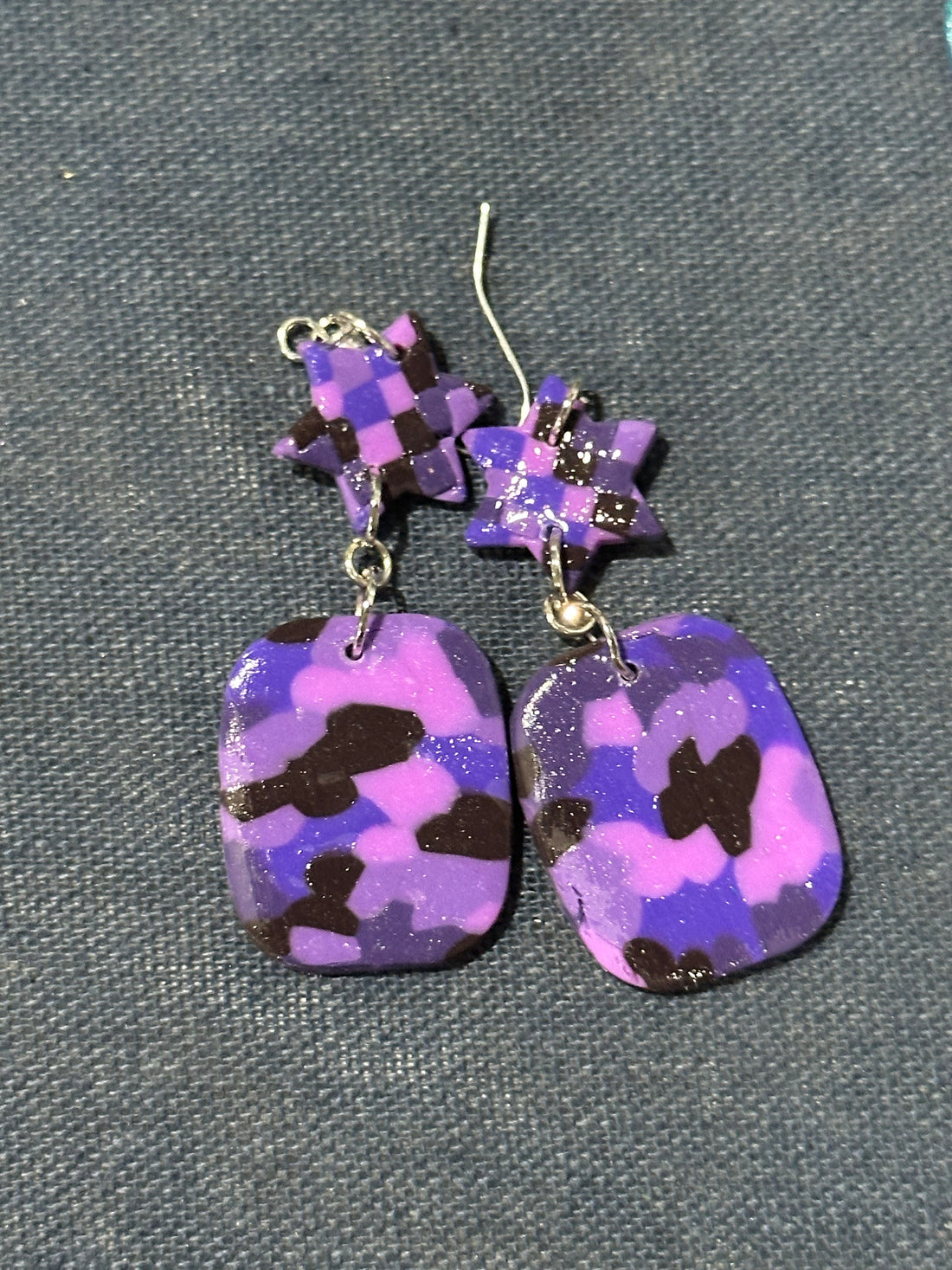 Handmade Purple Checker Star Dangle Earrings