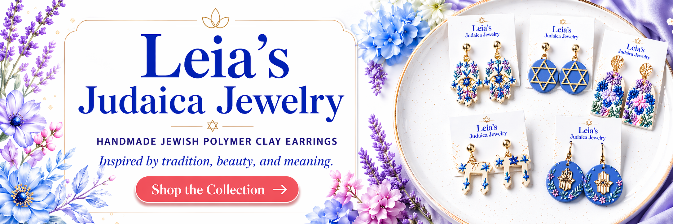 Leia's Judaica Jewelry handmade Jewish polymer clay earrings hero banner